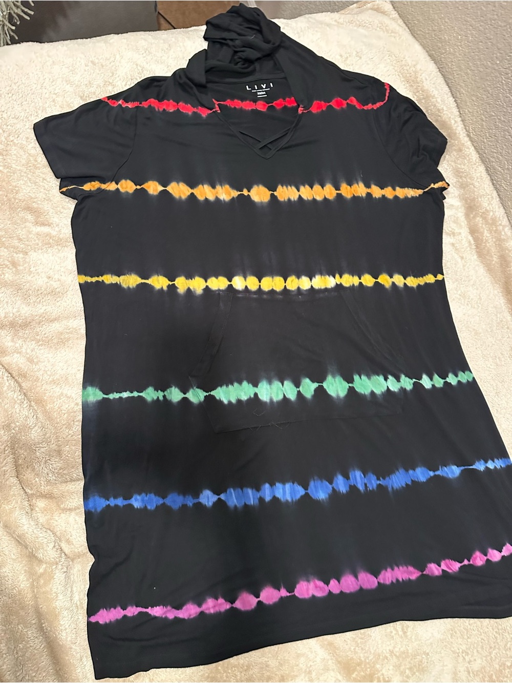 Lane Bryant Livi Black Short Sleeve Workout Tunic with Rainbow Tie-Dye Stripes